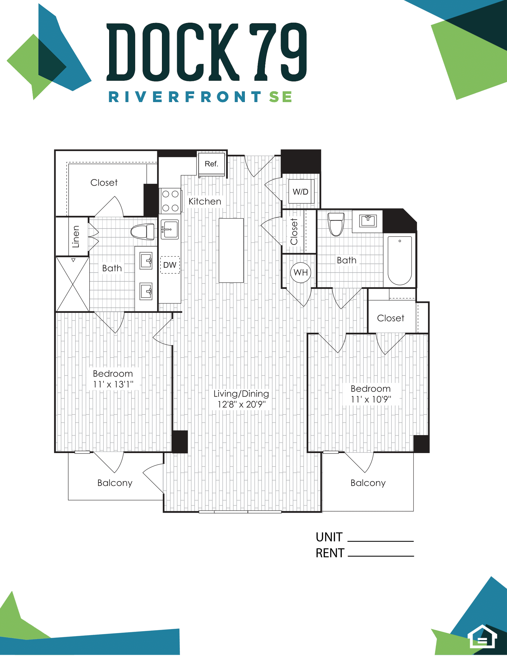 Floor plan for 2 beds, 2 baths, 1088 sqft